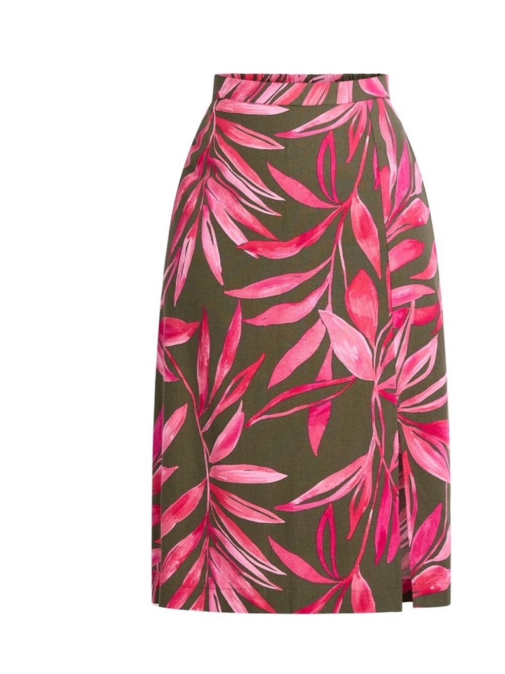 Time and Tru Pink and Olive Leaf-Print Maxi Skirt